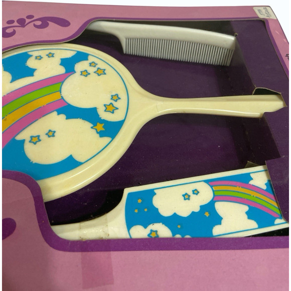 Vintage ARC New York Hair Comb Brush Mirror Set 1980 Rainbow Stars Sealed - Picture 6 of 9